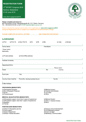 EFORT Geneva 2016 Offline Registration Form